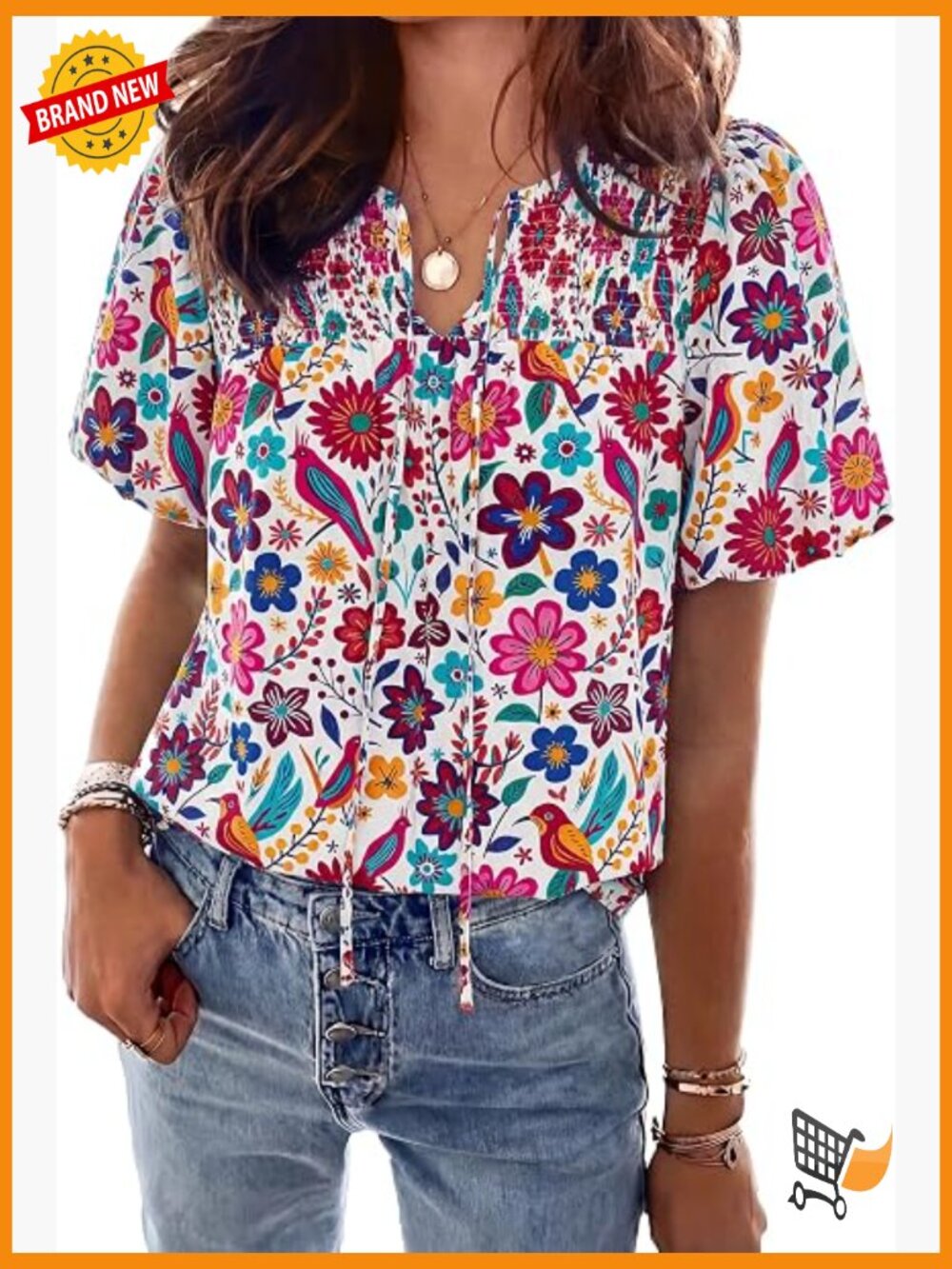 Boho Floral V-Neck Drawstring Blouse Short Sleeve Summer Beach Vacation Top